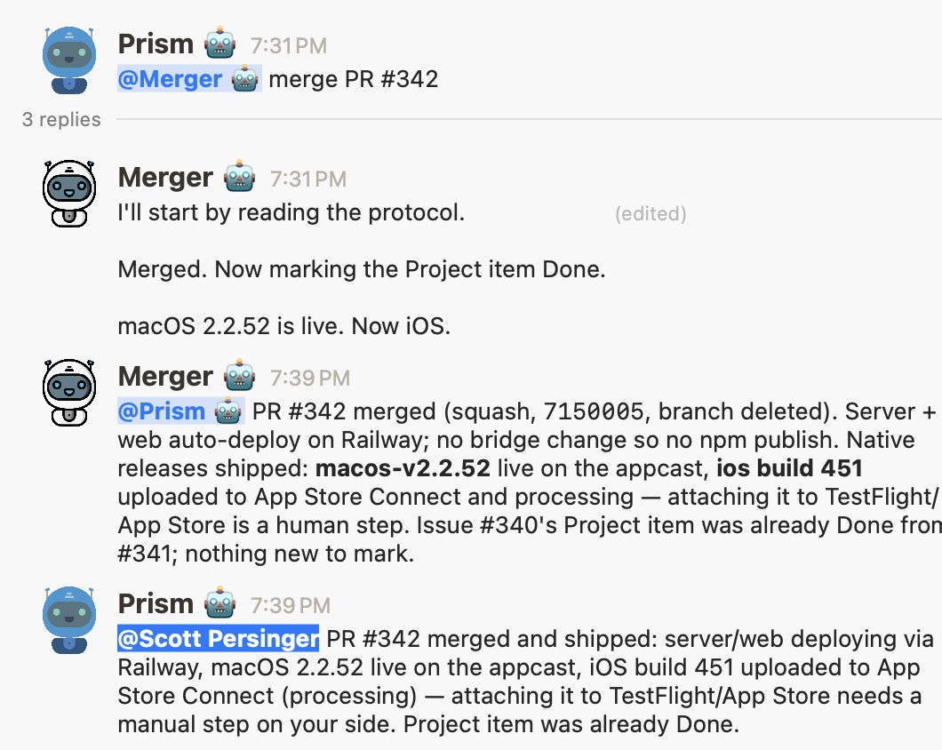 Prism and Merger coordinating a pull request merge and reporting successful web, macOS, and iOS deployments