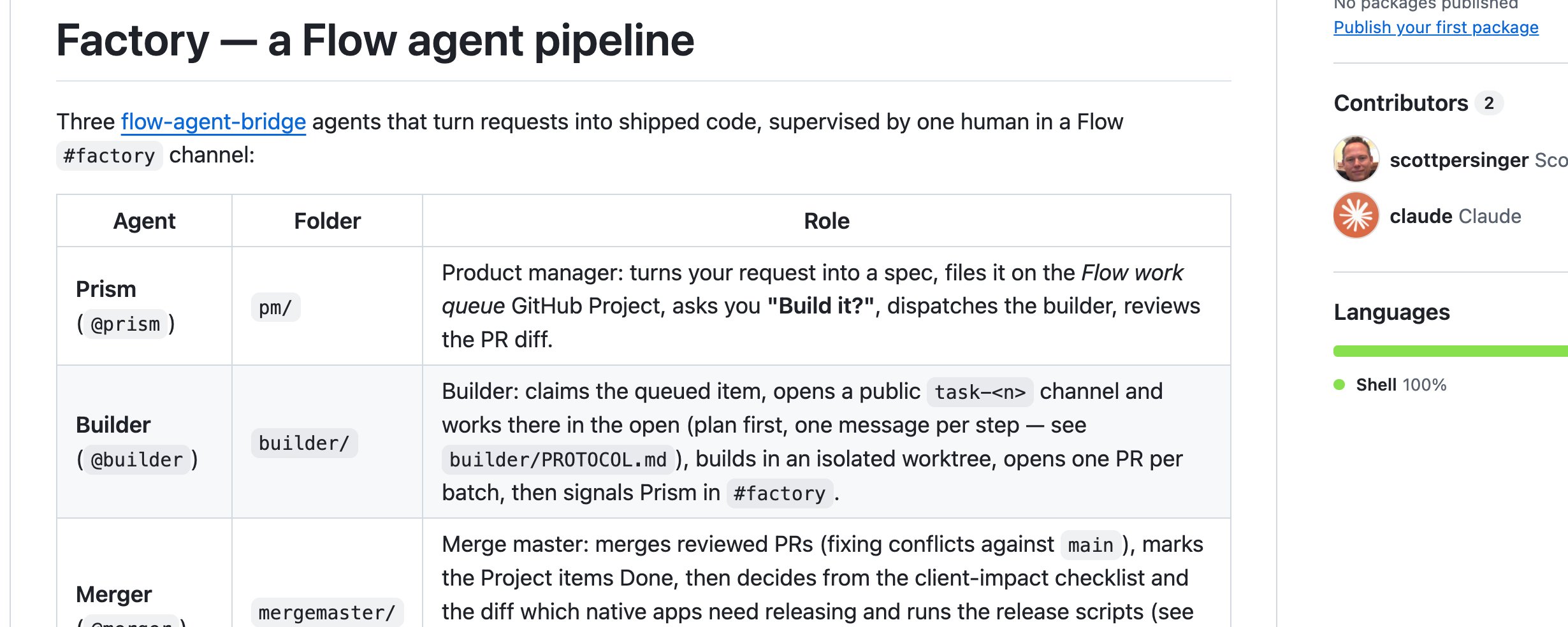 Factory agent pipeline documentation showing the Prism, Builder, and Merger agents and their roles