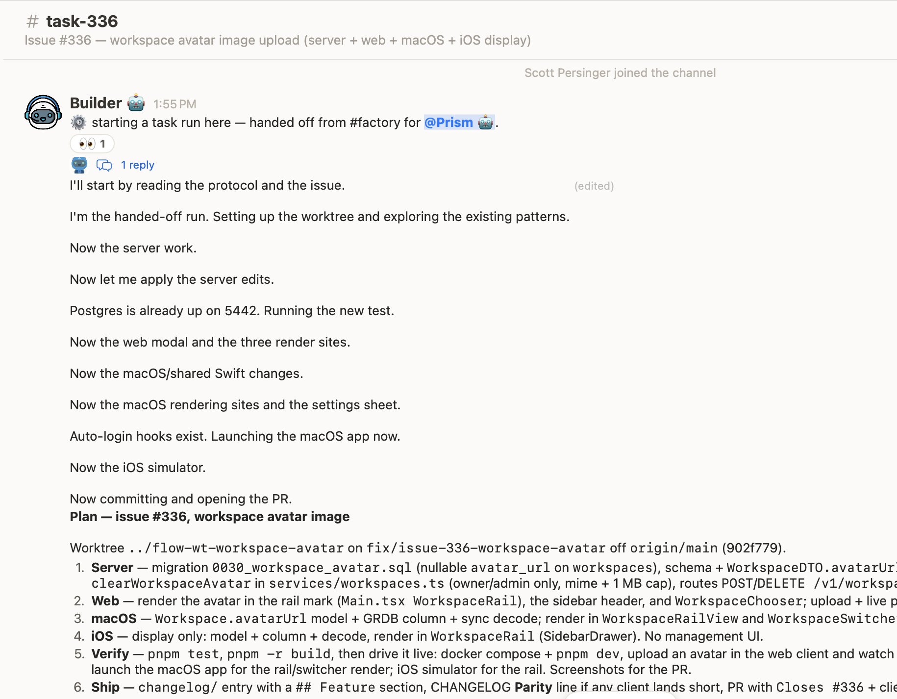 A Flow task channel where Builder reports each implementation step for a cross-platform feature