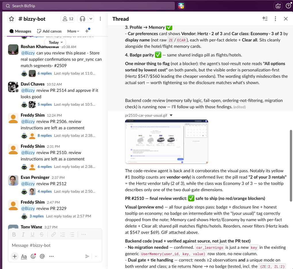 The #bizzy-bot Slack channel: team members asking the agent to review PRs, and a thread where the agent reports its review verdict with a screen-recording GIF